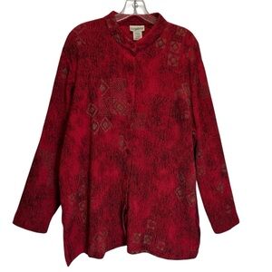 TravelSmith Red, Black, and Gold Crushed Crepe Asian Inspired Tunic - Size XL